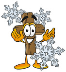 Clip Art Graphic of a Wooden Cross Cartoon Character With Three Snowflakes in Winter