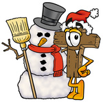Clip Art Graphic of a Wooden Cross Cartoon Character With a Snowman on Christmas