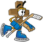 Clip Art Graphic of a Wooden Cross Cartoon Character Playing Ice Hockey