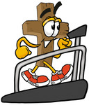 Clip Art Graphic of a Wooden Cross Cartoon Character Walking on a Treadmill in a Fitness Gym