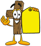 Clip Art Graphic of a Wooden Cross Cartoon Character Holding a Yellow Sales Price Tag