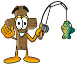 Clip Art Graphic of a Wooden Cross Cartoon Character Holding a Fish on a Fishing Pole