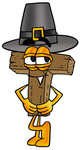 Clip Art Graphic of a Wooden Cross Cartoon Character Wearing a Pilgrim Hat on Thanksgiving