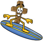 Clip Art Graphic of a Wooden Cross Cartoon Character Surfing on a Blue and Yellow Surfboard