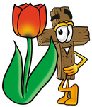 Clip Art Graphic of a Wooden Cross Cartoon Character With a Red Tulip Flower in the Spring