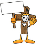 Clip Art Graphic of a Wooden Cross Cartoon Character Holding a Blank Sign