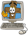 Clip Art Graphic of a Wooden Cross Cartoon Character Waving From Inside a Computer Screen