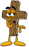 Clip Art Graphic of a Wooden Cross Cartoon Character Whispering and Gossiping