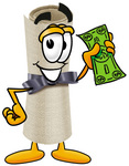 Clip Art Graphic of a Rolled Diploma Certificate Cartoon Character Holding a Dollar Bill