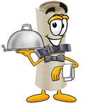 Clip Art Graphic of a Rolled Diploma Certificate Cartoon Character Dressed as a Waiter and Holding a Serving Platter