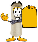 Clip Art Graphic of a Rolled Diploma Certificate Cartoon Character Holding a Yellow Sales Price Tag