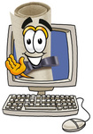 Clip Art Graphic of a Rolled Diploma Certificate Cartoon Character Waving From Inside a Computer Screen