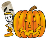 Clip Art Graphic of a Rolled Diploma Certificate Cartoon Character With a Carved Halloween Pumpkin