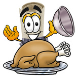 Clip Art Graphic of a Rolled Diploma Certificate Cartoon Character Serving a Thanksgiving Turkey on a Platter