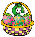 Clip Art Graphic of a Green USD Dollar Sign Cartoon Character in an Easter Basket Full of Decorated Easter Eggs