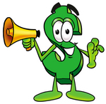 Clip Art Graphic of a Green USD Dollar Sign Cartoon Character Holding a Megaphone