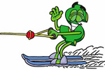 Clip Art Graphic of a Green USD Dollar Sign Cartoon Character Waving While Water Skiing