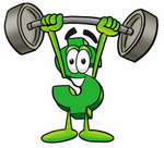 Clip Art Graphic of a Green USD Dollar Sign Cartoon Character Holding a Heavy Barbell Above His Head