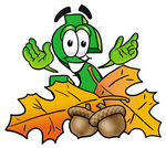 Clip Art Graphic of a Green USD Dollar Sign Cartoon Character With Autumn Leaves and Acorns in the Fall