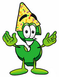 Clip Art Graphic of a Green USD Dollar Sign Cartoon Character Wearing a Birthday Party Hat