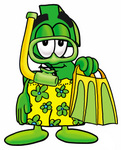 Clip Art Graphic of a Green USD Dollar Sign Cartoon Character in Green and Yellow Snorkel Gear