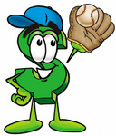 Clip Art Graphic of a Green USD Dollar Sign Cartoon Character Catching a Baseball With a Glove
