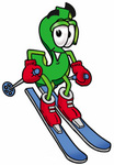 Clip Art Graphic of a Green USD Dollar Sign Cartoon Character Skiing Downhill