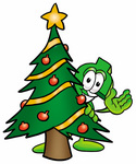 Clip Art Graphic of a Green USD Dollar Sign Cartoon Character Waving and Standing by a Decorated Christmas Tree