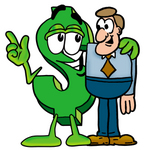 Clip Art Graphic of a Green USD Dollar Sign Cartoon Character Talking to a Business Man