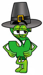 Clip Art Graphic of a Green USD Dollar Sign Cartoon Character Wearing a Pilgrim Hat on Thanksgiving