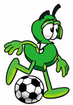 Clip Art Graphic of a Green USD Dollar Sign Cartoon Character Kicking a Soccer Ball