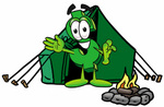 Clip Art Graphic of a Green USD Dollar Sign Cartoon Character Camping With a Tent and Fire