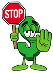 Clip Art Graphic of a Green USD Dollar Sign Cartoon Character Holding a Stop Sign