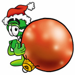 Clip Art Graphic of a Green USD Dollar Sign Cartoon Character Wearing a Santa Hat, Standing With a Christmas Bauble