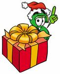 Clip Art Graphic of a Green USD Dollar Sign Cartoon Character Standing by a Christmas Present