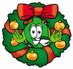 Clip Art Graphic of a Green USD Dollar Sign Cartoon Character in the Center of a Christmas Wreath