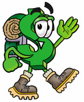 Clip Art Graphic of a Green USD Dollar Sign Cartoon Character Hiking and Carrying a Backpack