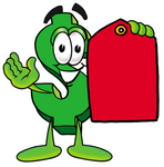 Clip Art Graphic of a Green USD Dollar Sign Cartoon Character Holding a Red Sales Price Tag