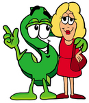 Clip Art Graphic of a Green USD Dollar Sign Cartoon Character Talking to a Pretty Blond Woman