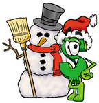 Clip Art Graphic of a Green USD Dollar Sign Cartoon Character With a Snowman on Christmas