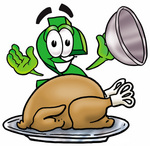 Clip Art Graphic of a Green USD Dollar Sign Cartoon Character Serving a Thanksgiving Turkey on a Platter