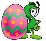 Clip Art Graphic of a Green USD Dollar Sign Cartoon Character Standing Beside an Easter Egg