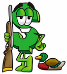 Clip Art Graphic of a Green USD Dollar Sign Cartoon Character Duck Hunting, Standing With a Rifle and Duck
