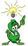 Clip Art Graphic of a Green USD Dollar Sign Cartoon Character With a Bright Idea