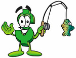 Clip Art Graphic of a Green USD Dollar Sign Cartoon Character Holding a Fish on a Fishing Pole