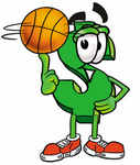 Clip Art Graphic of a Green USD Dollar Sign Cartoon Character Spinning a Basketball on His Finger