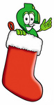 Clip Art Graphic of a Green USD Dollar Sign Cartoon Character Inside a Red Christmas Stocking