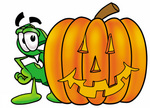 Clip Art Graphic of a Green USD Dollar Sign Cartoon Character With a Carved Halloween Pumpkin