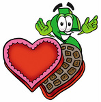 Clip Art Graphic of a Green USD Dollar Sign Cartoon Character With an Open Box of Valentines Day Chocolate Candies