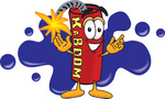 Clip Art Graphic of a Stick of Red Dynamite Cartoon Character Logo With Blue Paint Splatters